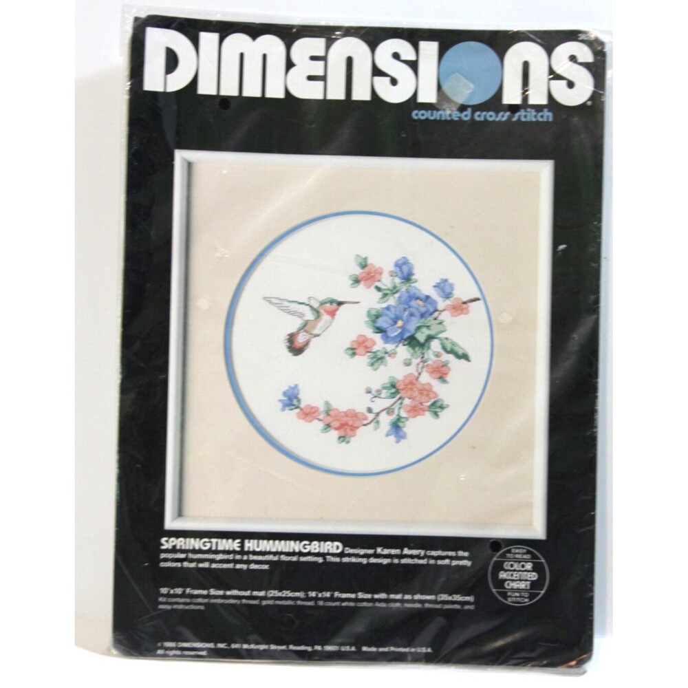 Dimensions 3628 Cross Stitch Kit Springtime Hummingbird Blue Pink Floral New 10"